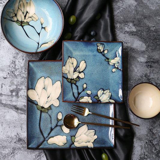 Japanese tableware set ceramic dinner plate steak plate household dish creative hand-painted plate deep bowl noodle bowl rice bowl