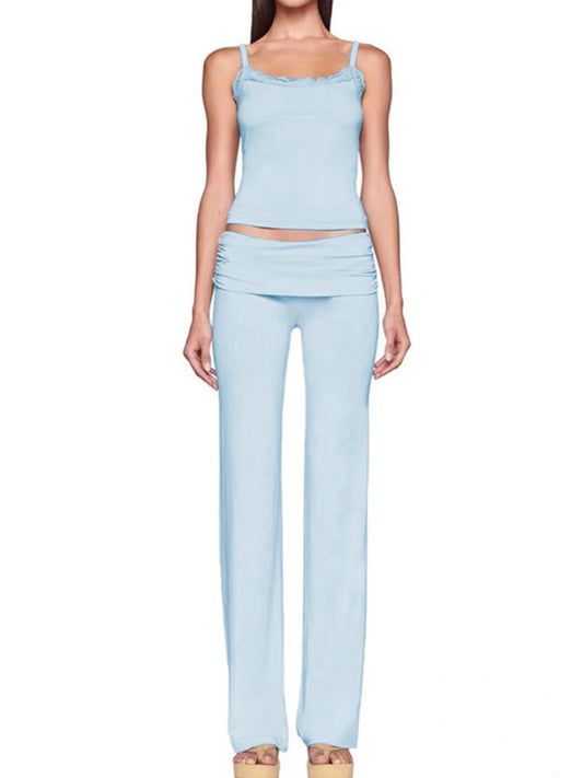 Lace stitched camisole, cuffed pleated yoga trousers two-piece spring summer new hot girl casual suit trend