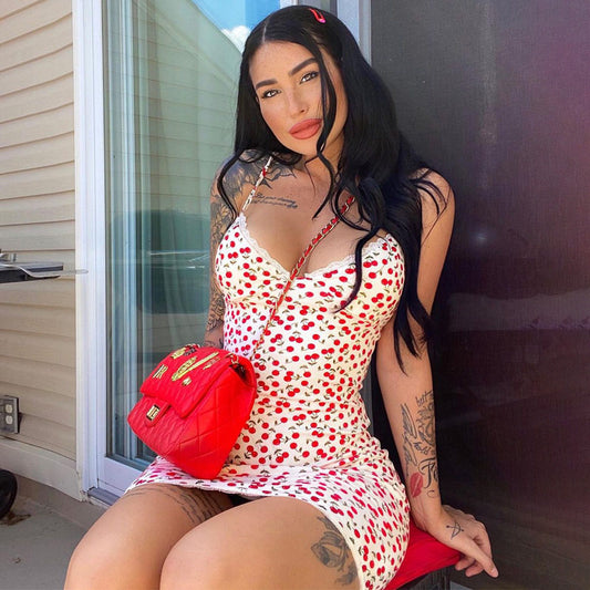 Cute hot girl style cherry print slip dress 2026 spring new slim hip skirt