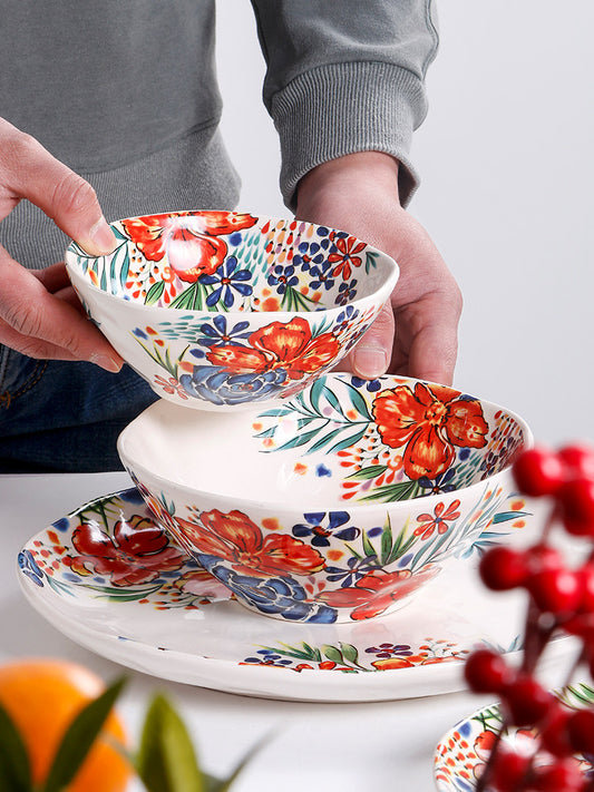 American pastoral ceramic rice bowl combination creative irregular household noodle bowl 2025 new large soup bowl