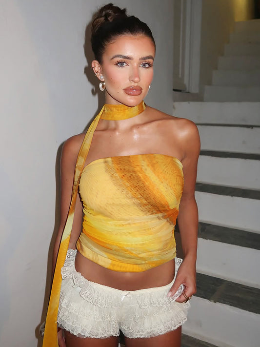 Resort style yellow smudged mesh bandeau streamer top 2026 summer new hot girl sexy pleated t-shirt trend
