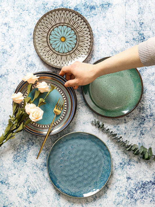 Ceramic plate flat plate creative dish Japanese retro tableware home sushi plate round fruit plate kiln change personality