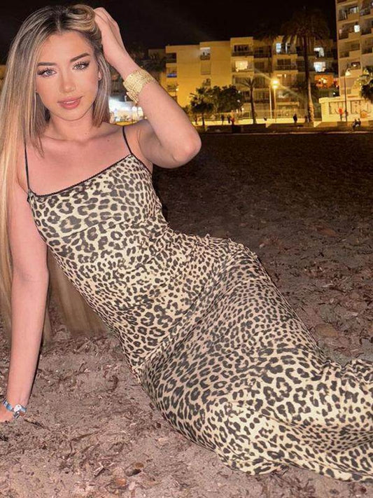 2026 summer new fashion leopard print camisole dress hot girl sexy backpack hip slender long skirt trend