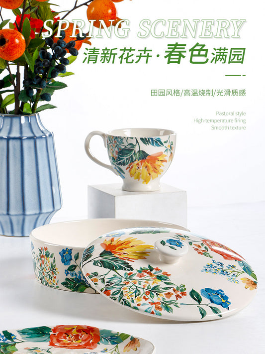 OMK Pastoral Ceramic Dinner Plate Floral Breakfast Dessert Plate Cereal Cup Combo Soup Bowl Dish Plate with Lid
