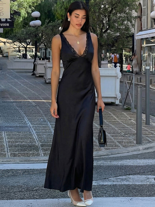 French lace patchwork satin deep V sleeveless vest dress 2026 summer new hot girl temperament long skirt for women