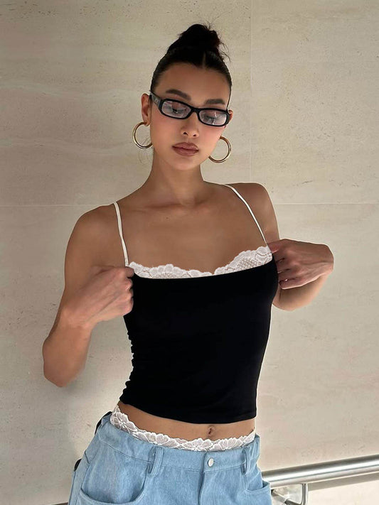 Pure Lust Lace Spliced Bandeau Camisole 2026 Summer New Spice Girl Slim Short Crop Button T-Shirt Women
