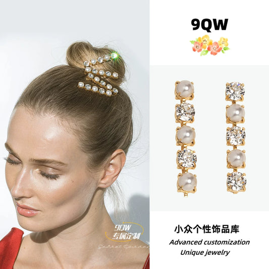 9QW high-end temperament elegant pearl gemstone hairpin bangs clip light luxury style exquisite side hair accessories for women