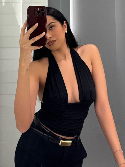 European and American ins fashion temperament, deep V halterneck lace-up vest, new hot girl, sexy backless, slim-fitting, short T-shirt for women