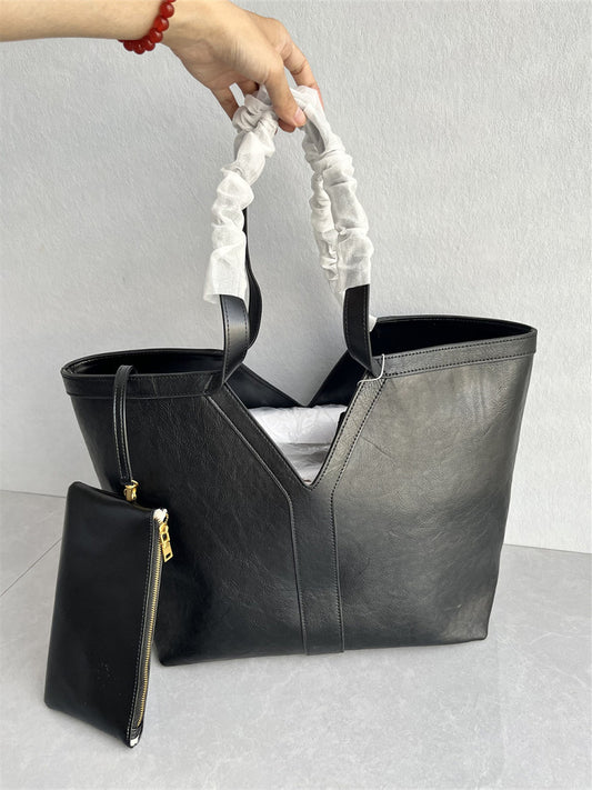 The new lazy and relaxed Y-shaped large bag women's top layer cowhide tote bag with large capacity underarm handbag