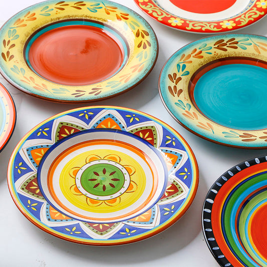 American Steak Plate Large Plate Creative Ceramic Western Pasta Plate Home Round Flat Plate Hand Painted Underglaze