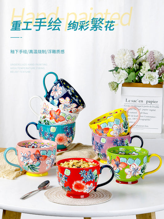 Korean breakfast cups, household water cups, large capacity ceramic cups, beautiful cups for girls, hand-painted tableware, holiday gifts