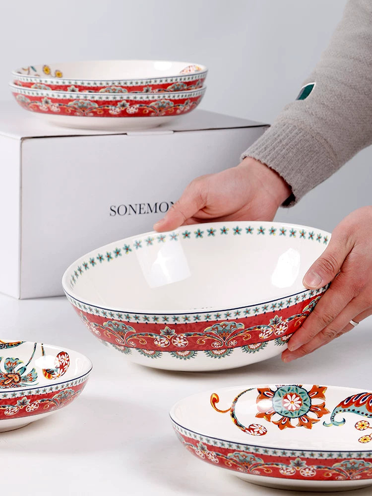 Creative Salad Bowl Plate Set Red Ceramic Tableware Household Large Soup Bowl Deep Vegetable Plate Combo Export Original