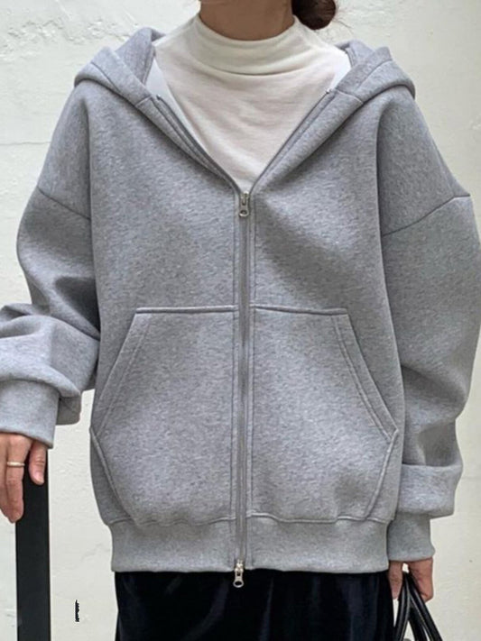 European and American ins fashionable solid color simple hooded zipper jacket 2026 autumn and winter new loose slimming sweatshirt top