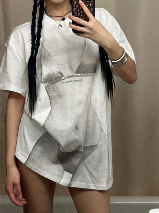 NOLA See-Through Effect 3D Print White T-Shirt 2026 Summer New Oversize Lower Body Missing Top