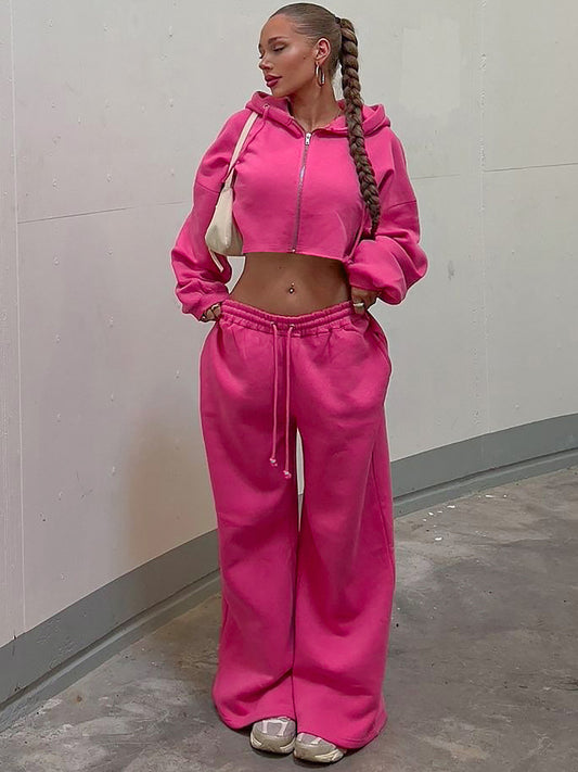 Hooded sweatshirt zipper jacket + straight-leg slacks two-piece set 2026 fall/winter new American thin fleece suit trend