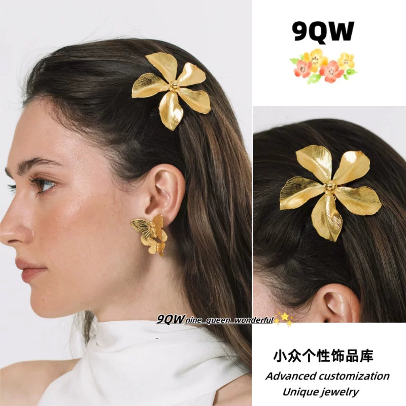 9QW homemade French temperament metal style duckbill flower hairpin gentle and high-end sense fresh side clip bangs clip