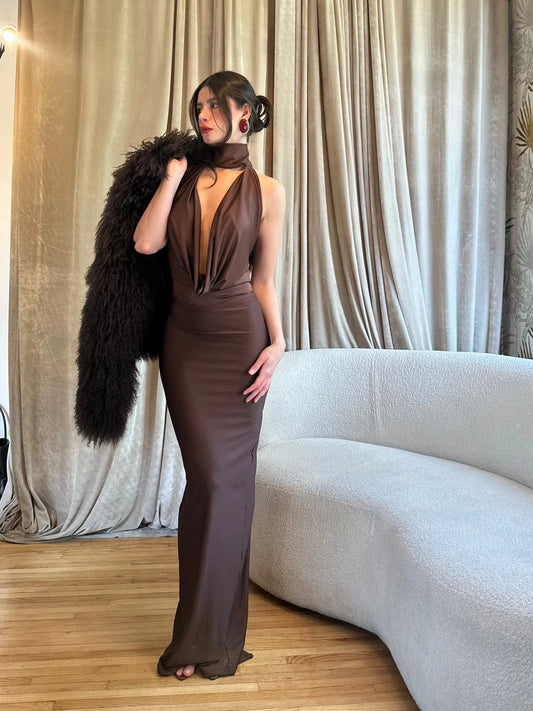 High-end swing collar temperament slim dress 2026 summer new banquet evening dress sexy backless long skirt woman