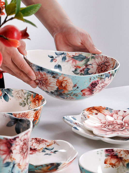 OMK New Creative Chinese Style Ceramic Tableware Rice Bowl Household Personality Noodle Bowl Irregular Big Soup Bowl Glaze Color