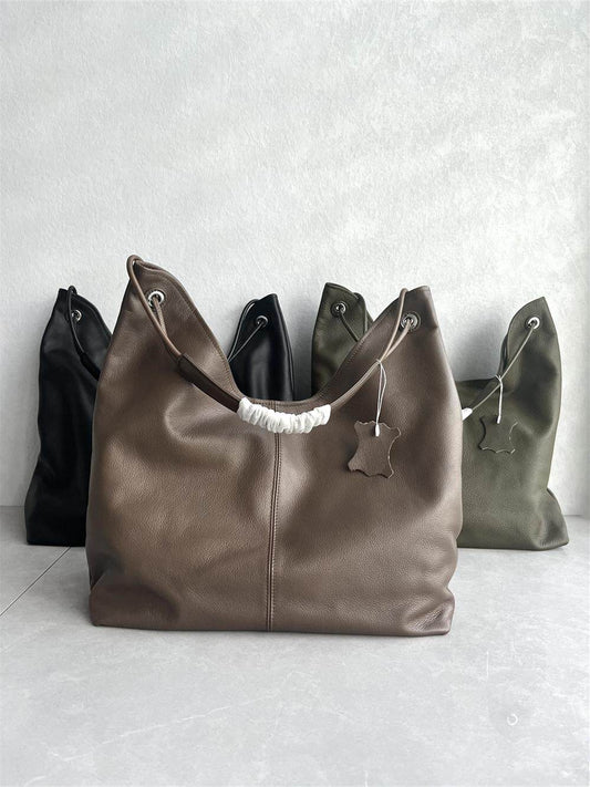 Export foreign trade high-quality top-layer calfskin Korean version simple tote bag soft leather collapse bag large capacity one-shoulder women