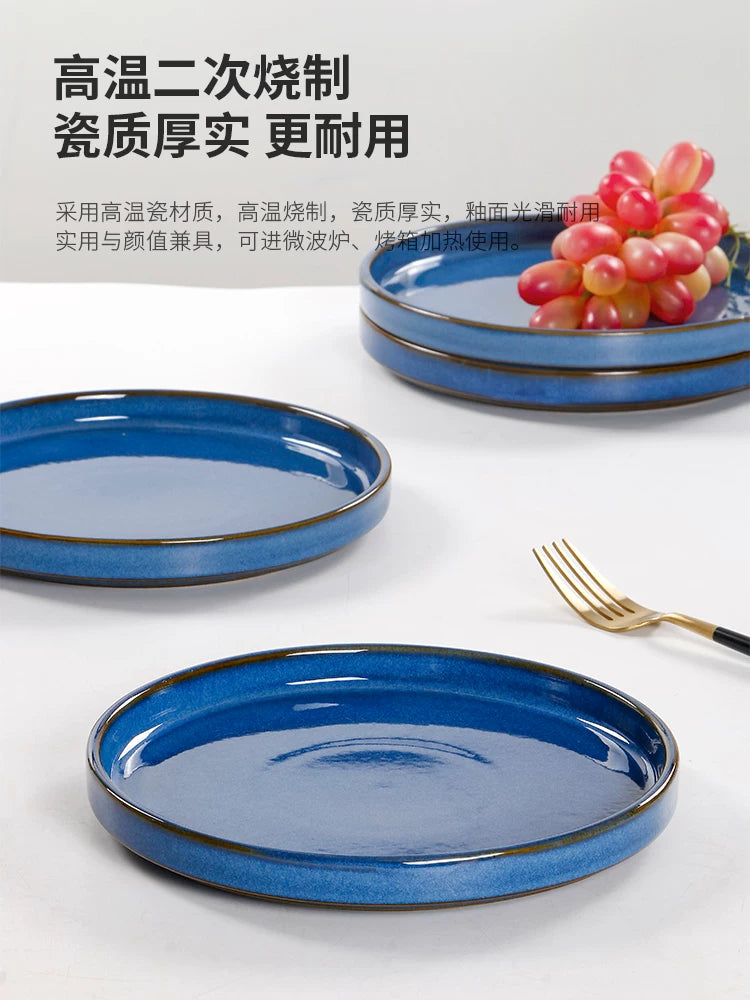 Creative Ceramic Flat Plate Premium Kiln Blue Tray Home Baking Tray INS Style Personality Restaurant Vintage Dinner Plate
