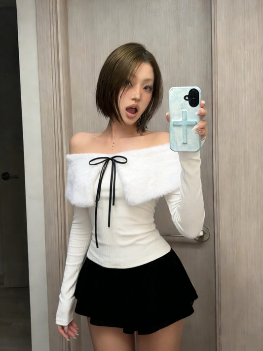 Pure Desire Fur Collar Spliced Long Sleeve One-Shoulder Top 2026 Spring New Spice Girl Slim Slim Short T-Shirt