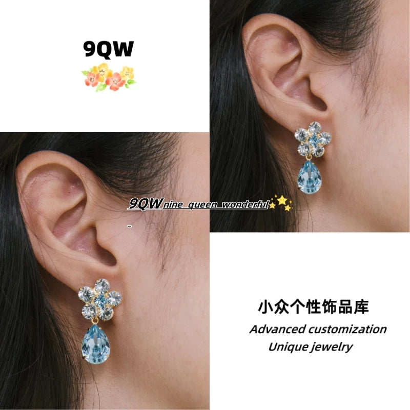 9QW self-made light luxury style spring and summer color contrast with crystal plum blossom pendant earrings women's high-end earrings