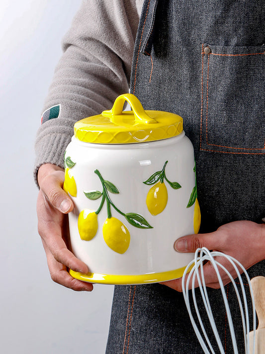 Creative lemon relief sealed jar ceramic hand-painted large capacity storage jar household snack grain storage jar ornament