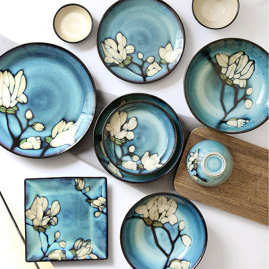 Japanese ceramic dish plate home round underglaze color flat plate magnolia deep plate vintage breakfast plate bowl combination
