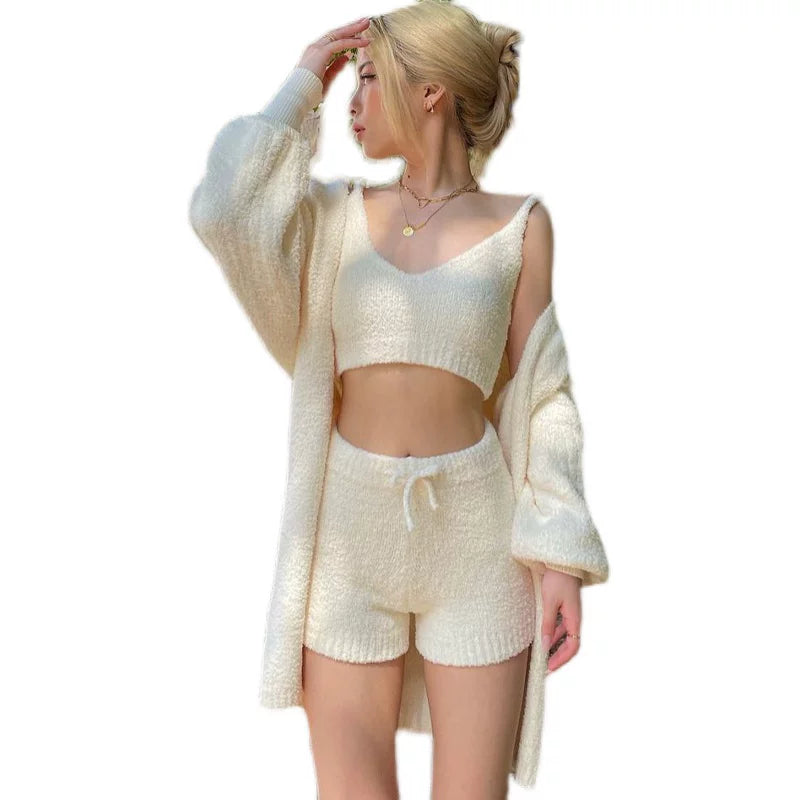Pure desire wind white wool camisole high waist shorts + long-sleeved cardigan jacket three-piece hot girl suit tide