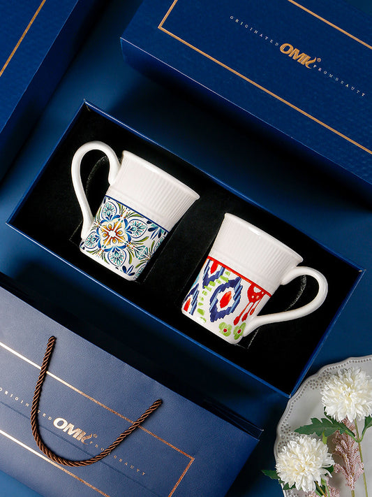 OMK Mediterranean Style Ceramic Couple Cup Set Creative Embossed Cup Gift High-end Blue Souvenir