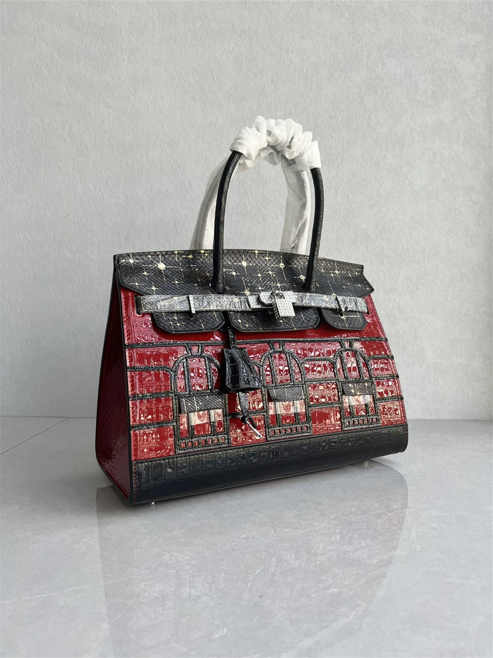 Shopping mall withdrawal ~ high-quality platinum bag, leather fashion and versatile color-blocking handbag, high-end crocodile leather women's bag