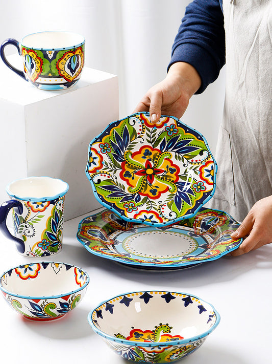 OMK European Creative Hand-Painted Ceramic Plate Fashionable Irregular Western Plate Home Breakfast Salad Flat Plating