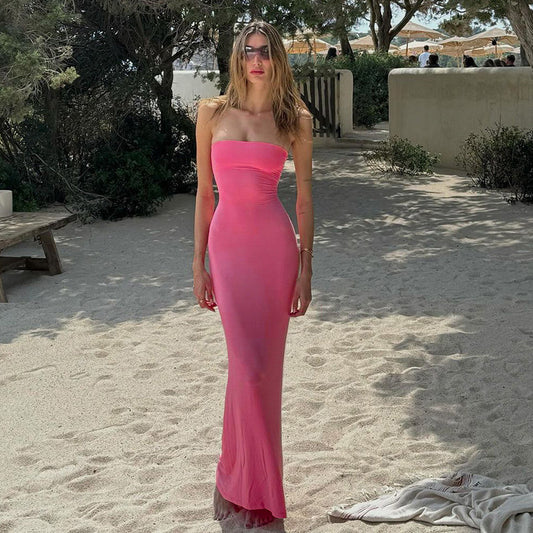 Pure desire bandeau dress 2026 summer new hot girl slim slim and sexy backless strap hip long skirt girl
