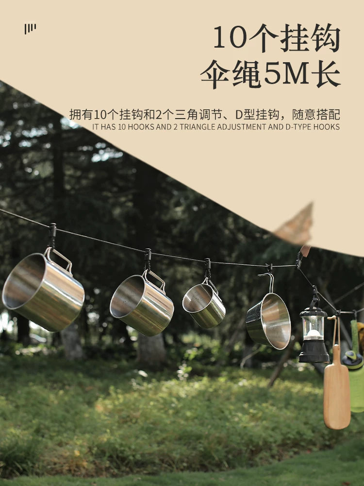 Portable outdoor windproof clothesline, multifunctional camping clothesline adjustable lanyard clothespin, canopy hanging rope