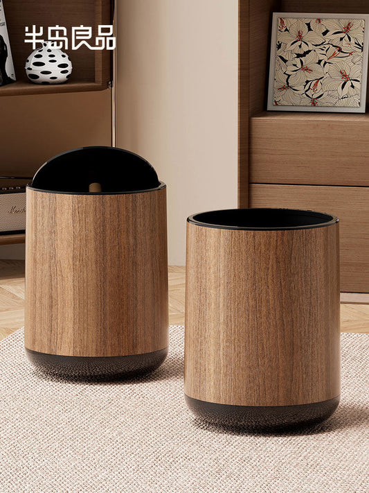 Imitation wood grain trash can with lid living room household antique style kitchen bathroom paper basket large capacity toilet paper bucket Y