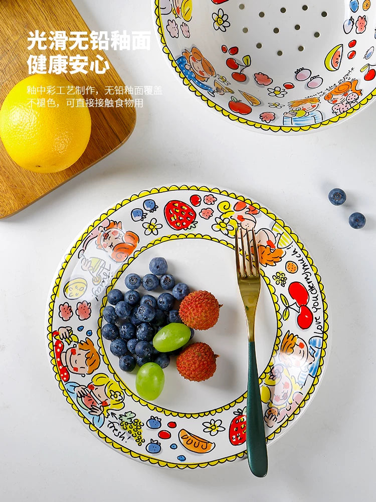 OMK Creative Ceramic Fruit Bowl High Value Strawberry Bowl Home Living Room Fruit Tray Drainer Set Cute Cartoon