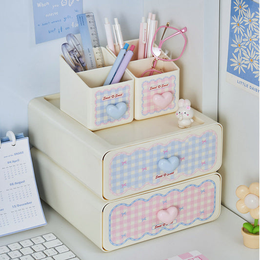 Cute lattice drawer desktop storage box double-layer large-capacity student stationery organizer high value