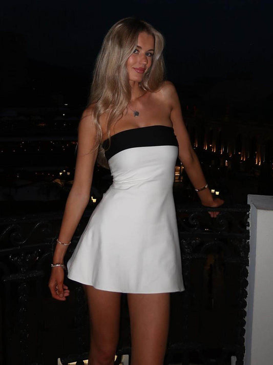 High-end black and white color-blocking bandeau dress 2026 summer new celebrity temperament slim slimming waist short skirt
