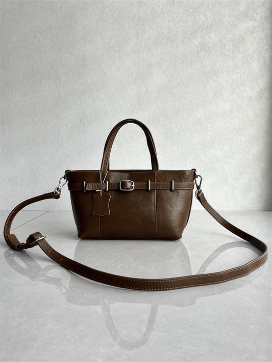 2025 New Genuine Leather Vegetable-Tanned Cowhide Retro Fashion Niche Handbag Commuter Shoulder Crossbody Small Tote Women's Bag
