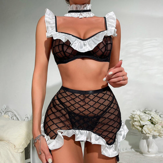 Coco witch pure desire white lace thin see-through maid style sex four-piece pajamas sexy lingerie temptation