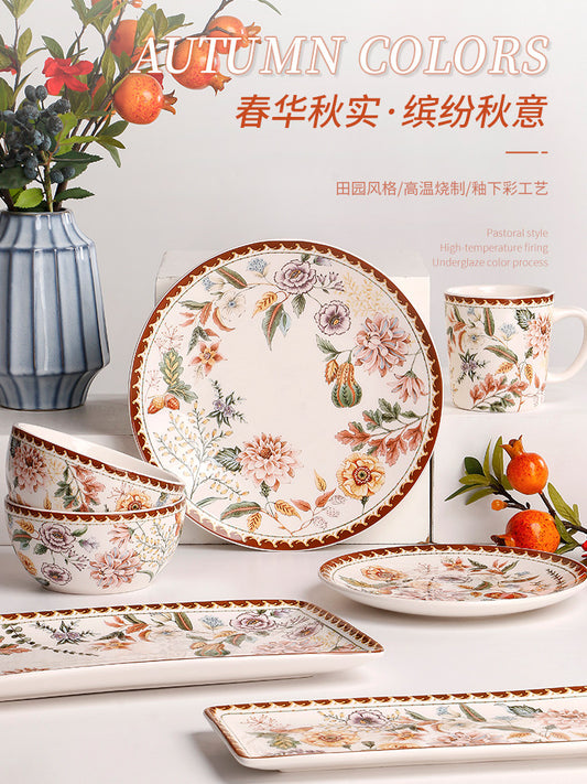 OMK French Ceramic Plate Creative Pastoral Vintage Western Steak Large Flat Plate Home Rectangular Dim Sum Tray