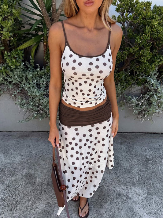 Vintage polka dot print camisole + irregular pleated patchwork skirt two-piece summer fashion set