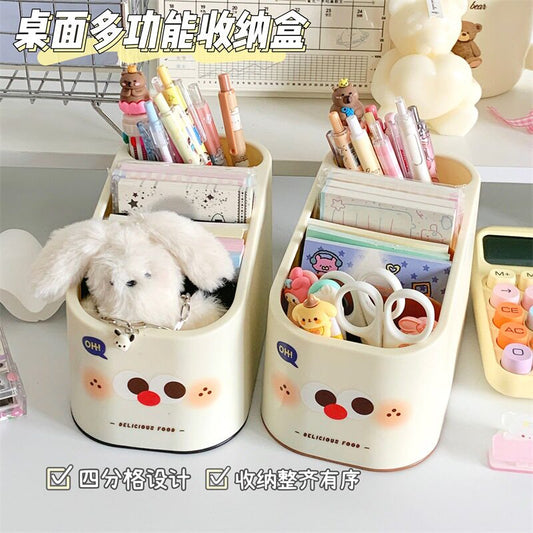 Cute desktop compartment storage box, small stationery pen sticky note book organizer on student desk, multi-functional pen holder, stationery box storage bucket, stationery storage box