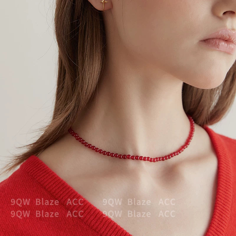 9QW new Chinese accessories national style red beads exquisite and small necklace encore red stacked collarbone chain women