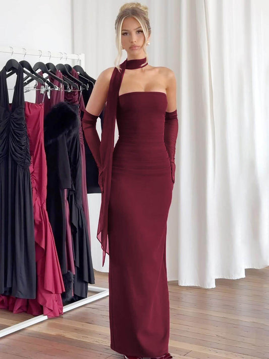 Solid color high-end bandeau pleated slimming hip hugging dress 2026 summer new sexy streamer mermaid dress