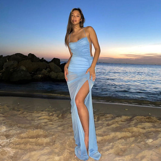 Seaside travel bi-prepared blue white mesh suspender dress hot girl sexy beautiful back lace slit long skirt summer
