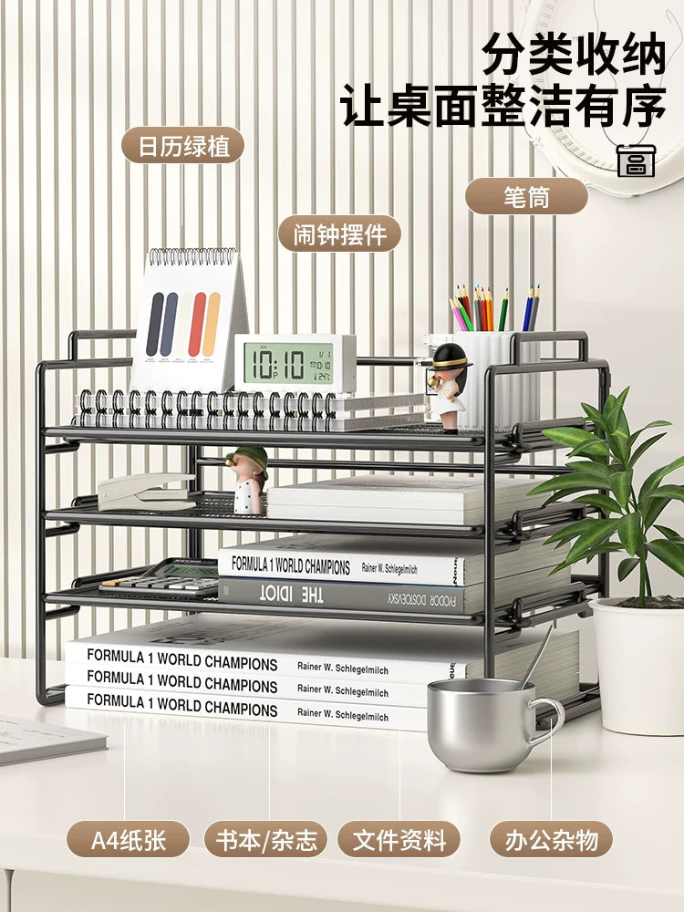 Thickened folding file shelf, metal file frame, office desktop, multi-layer folder storage box, office supplies, complete document file storage shelf, student simple bookshelf, information shelf
