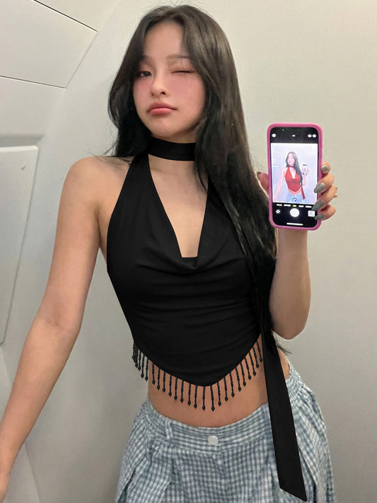 Resort-style fashion high-end swing neck halterneck streamer vest 2026 summer new hot girl fringed backless top