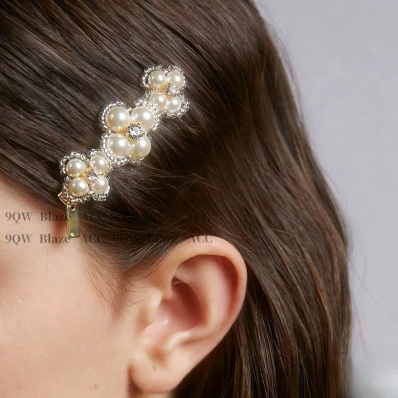 French vintage daughter pearl flower hairpin hand-woven side clip high-end broken hair bangs clip clip