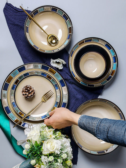 OMK Creative American Blue Grid Ceramic Tableware Housewarming Soup Bowl Soup Plate Rice Bowl Set Household Vintage Dishes